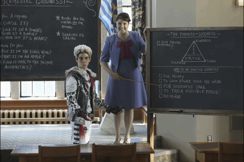 Fairy Godmother and Carlos in Goodness Class at Auradon Prep in Descendants